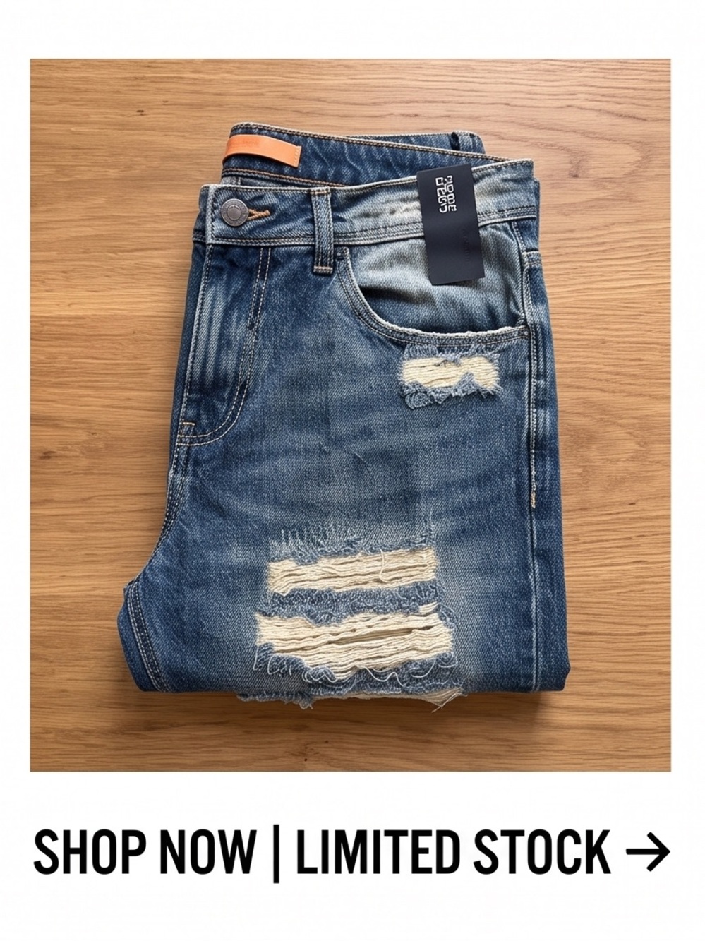 Men's Distressed Blue Jeans - straight Fit premium cotton vintage tears - Picture 4 of 5